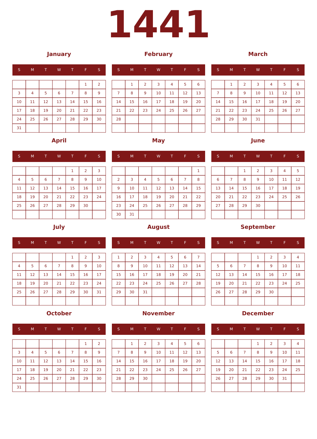 Printable 1441 Year Calendars falu