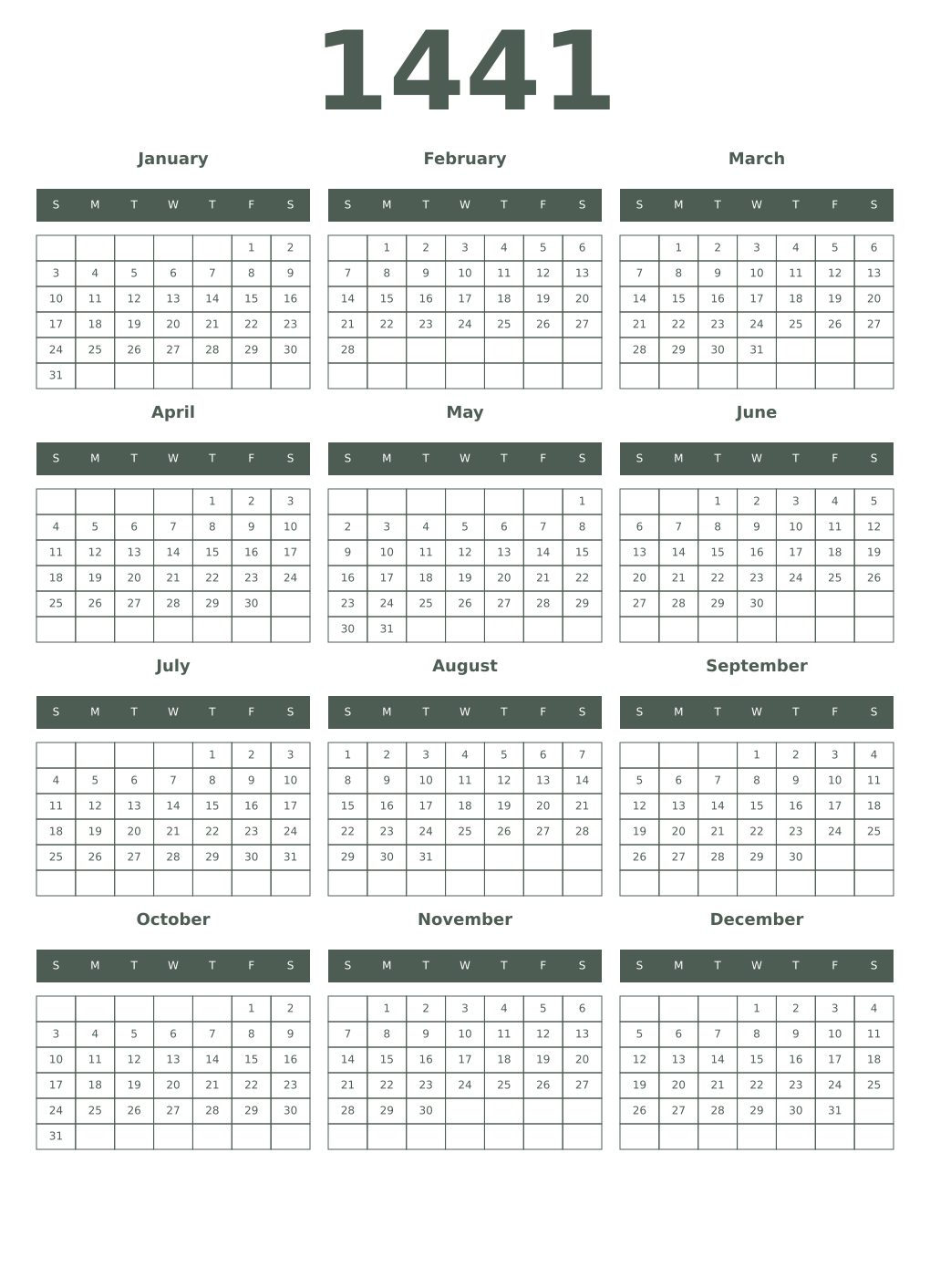 Printable 1441 Year Calendars feldgrau