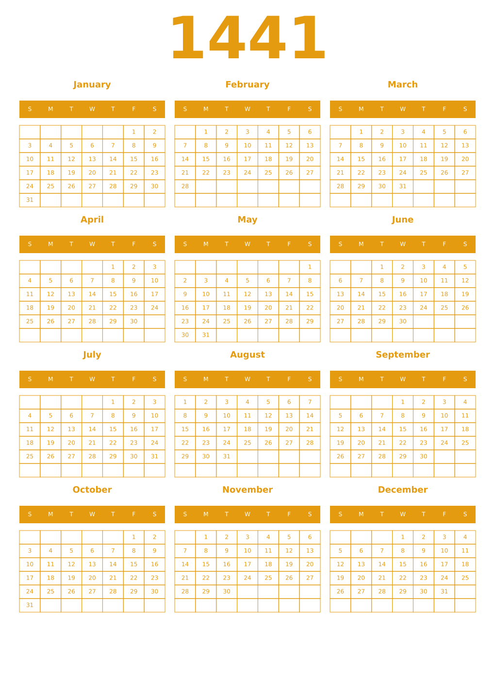 Printable 1441 Year Calendars gamboge