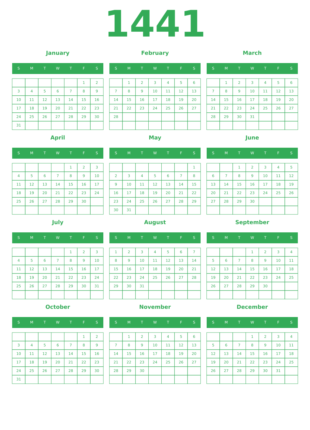 Printable 1441 Year Calendars green
