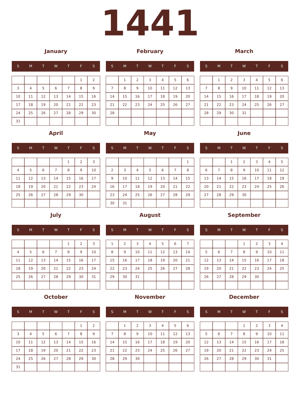 Printable 1441 Year Calendars mortuum