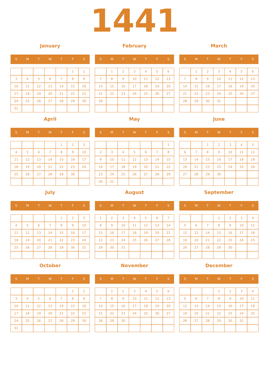 Printable 1441 Year Calendars orange