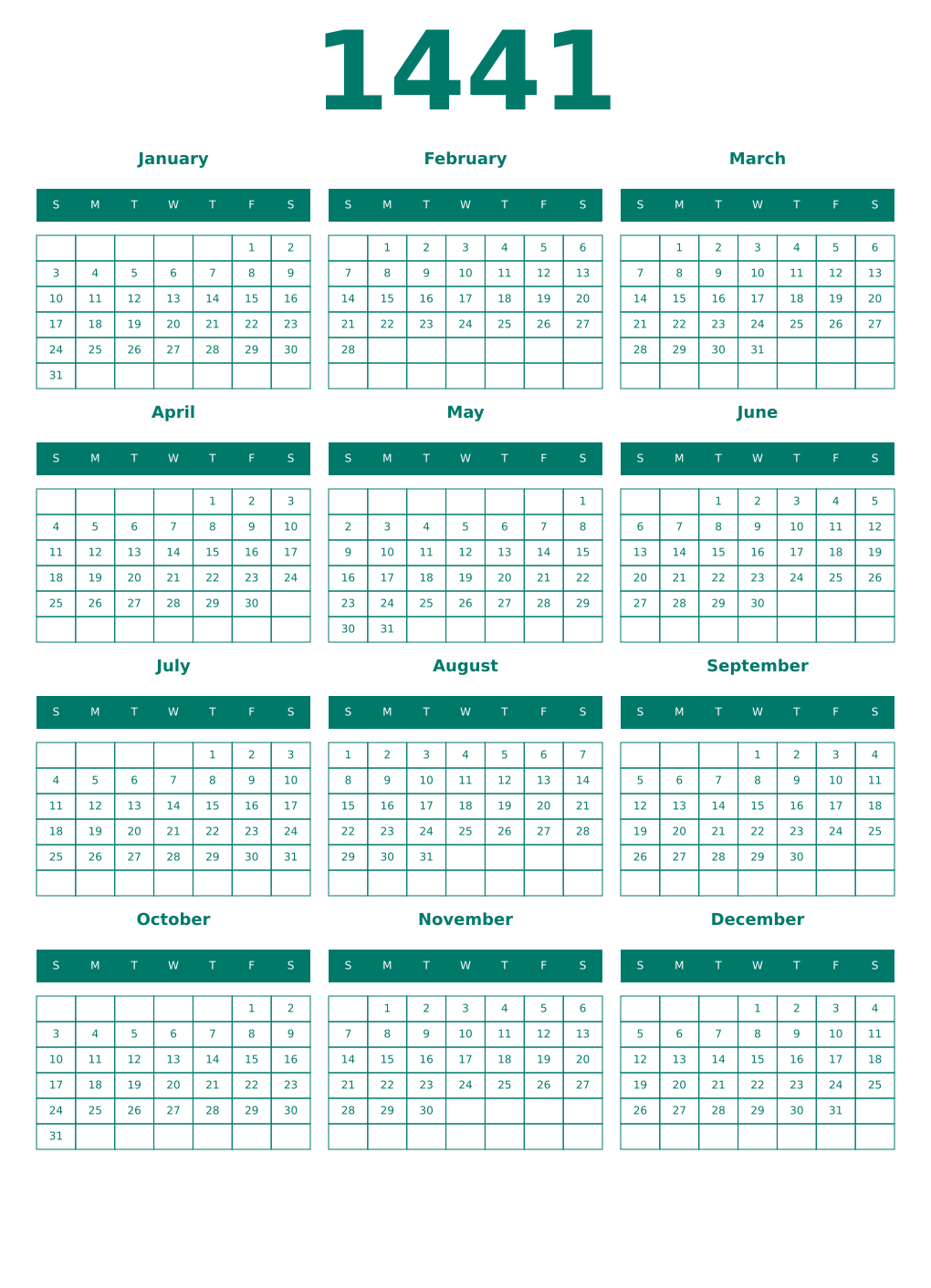 Printable 1441 Year Calendars pastel