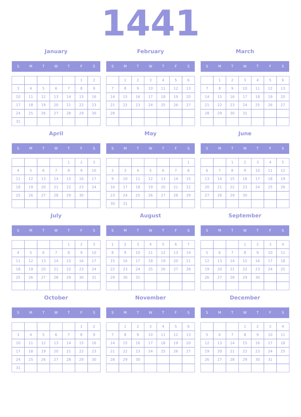 Printable 1441 Year Calendars periwinkle