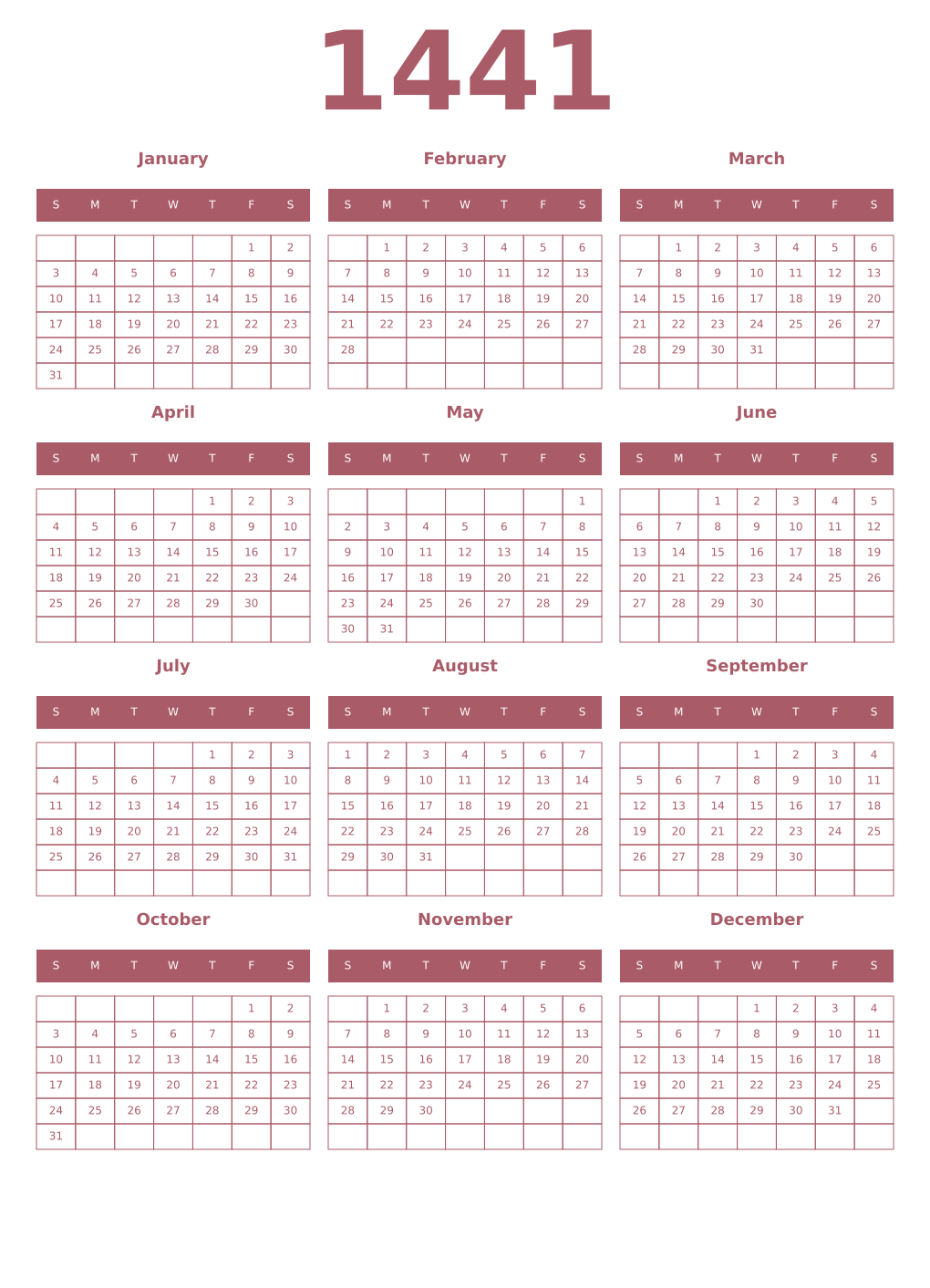 Printable 1441 Year Calendars puce