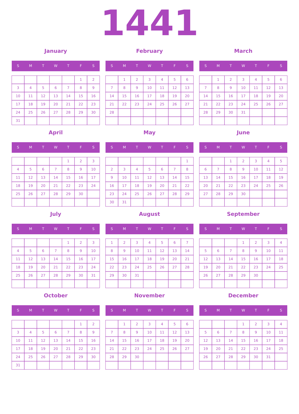 Printable 1441 Year Calendars purple