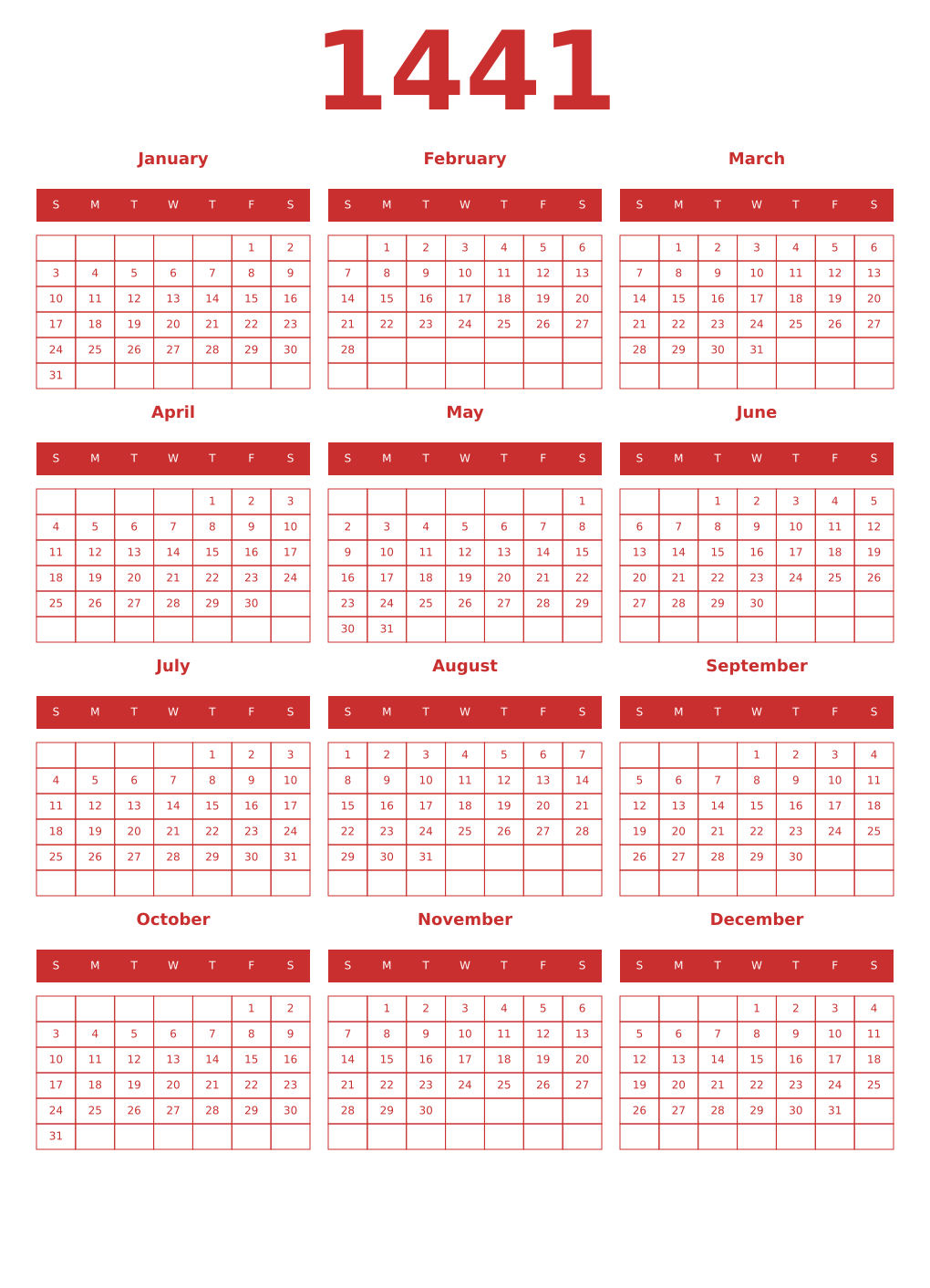 Printable 1441 Year Calendars red