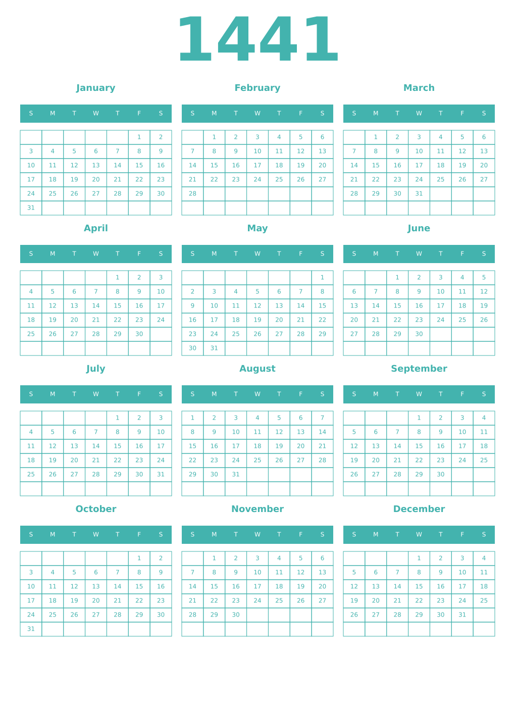 Printable 1441 Year Calendars verdigris