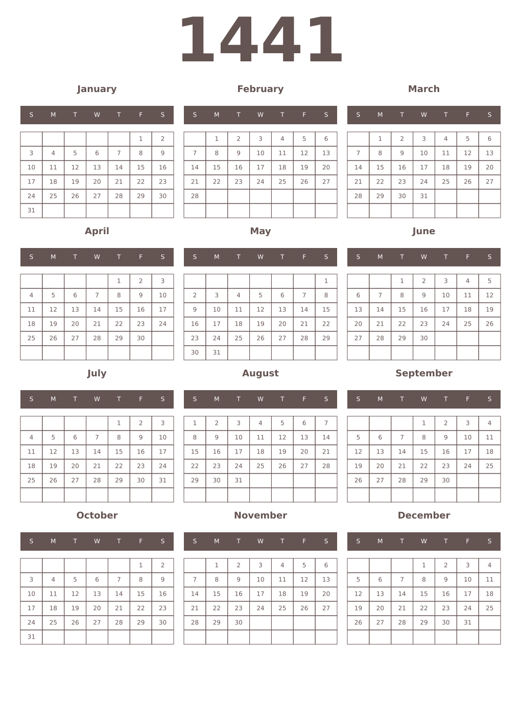 Printable 1441 Year Calendars wenge
