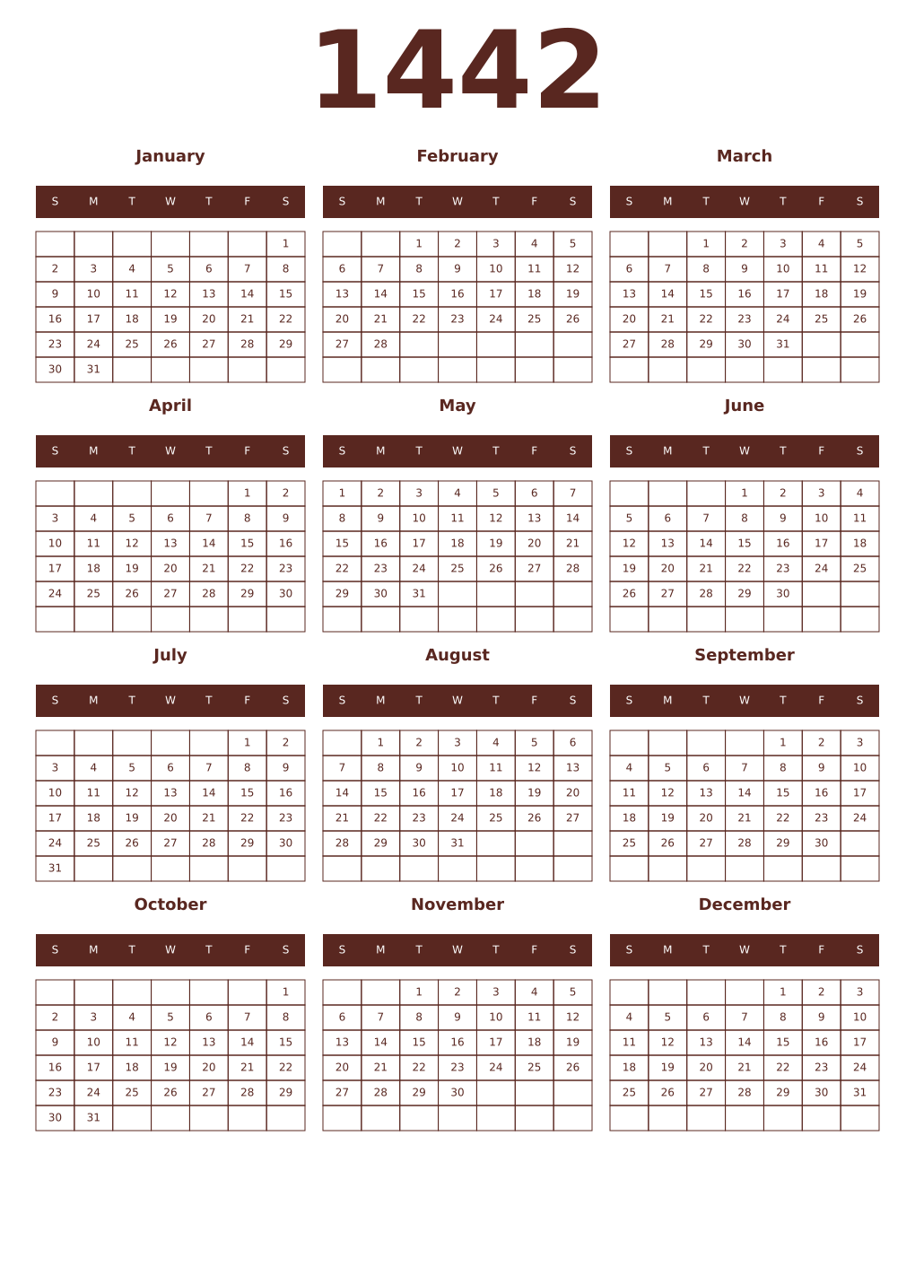 Printable 1442 Year Calendars mortuum