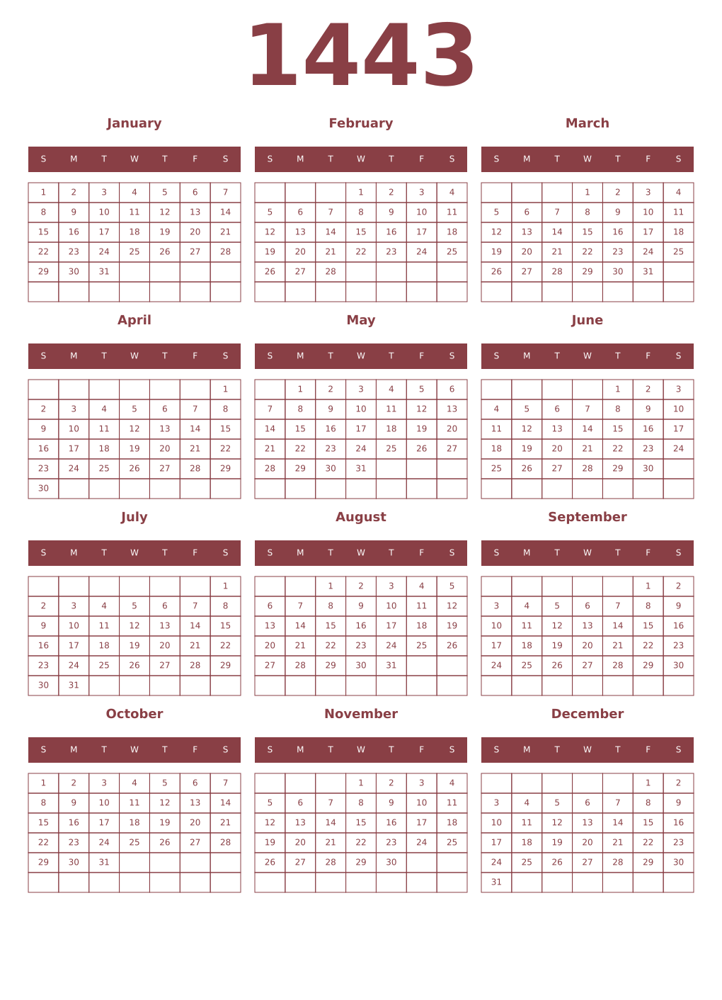 Printable 1443 Year Calendars cordovan
