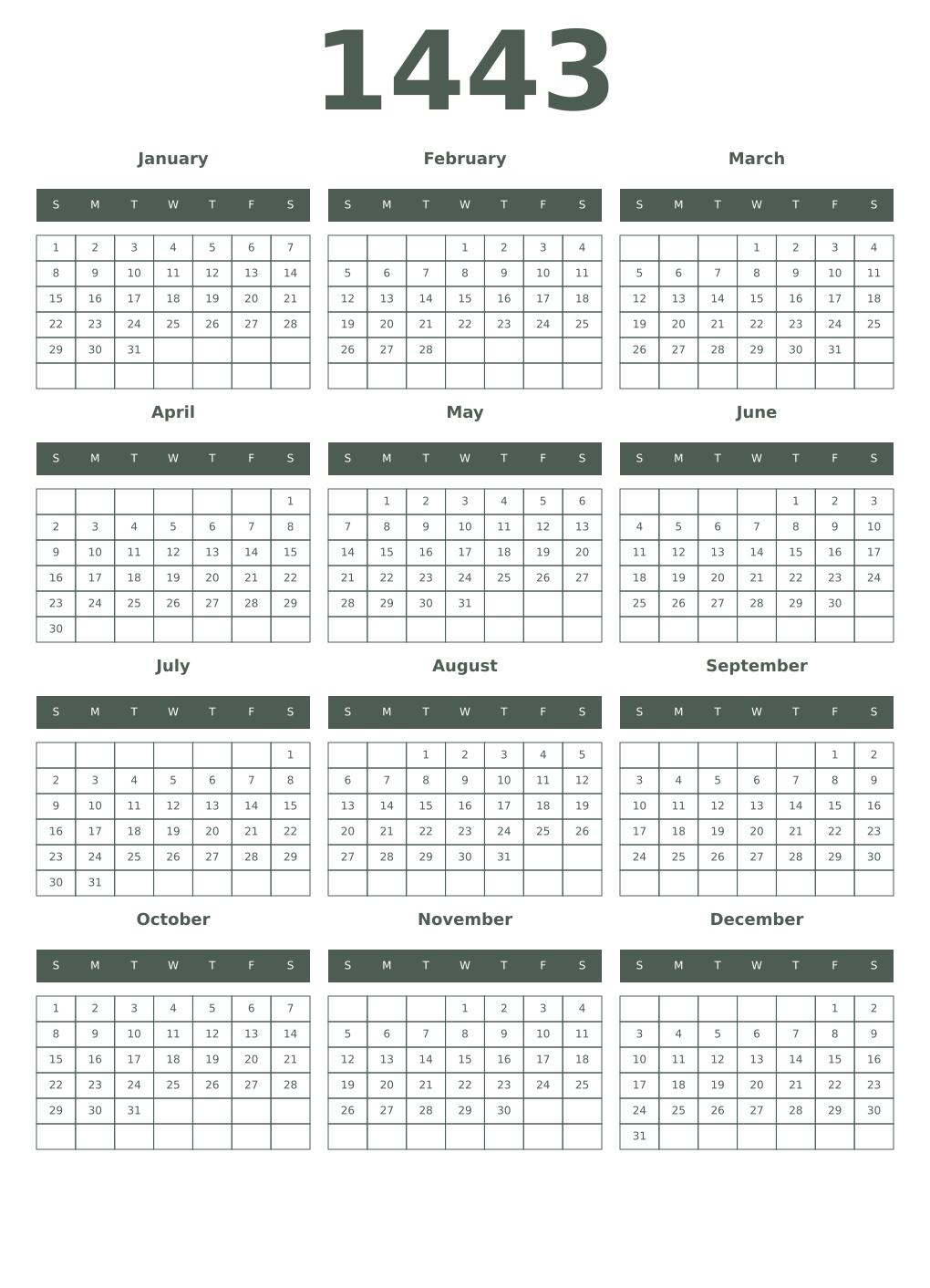 Printable 1443 Year Calendars feldgrau