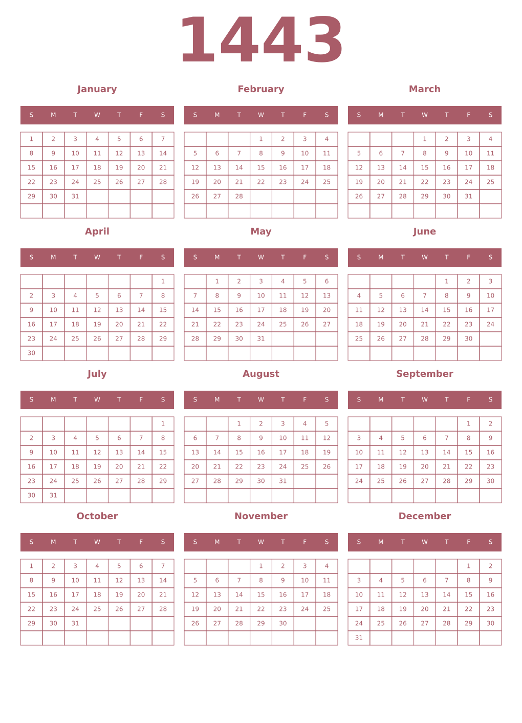 Printable 1443 Year Calendars puce