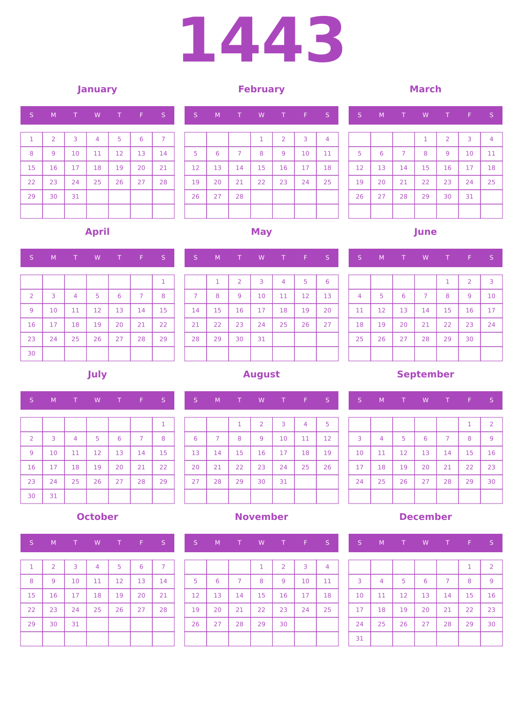 Printable 1443 Year Calendars purple