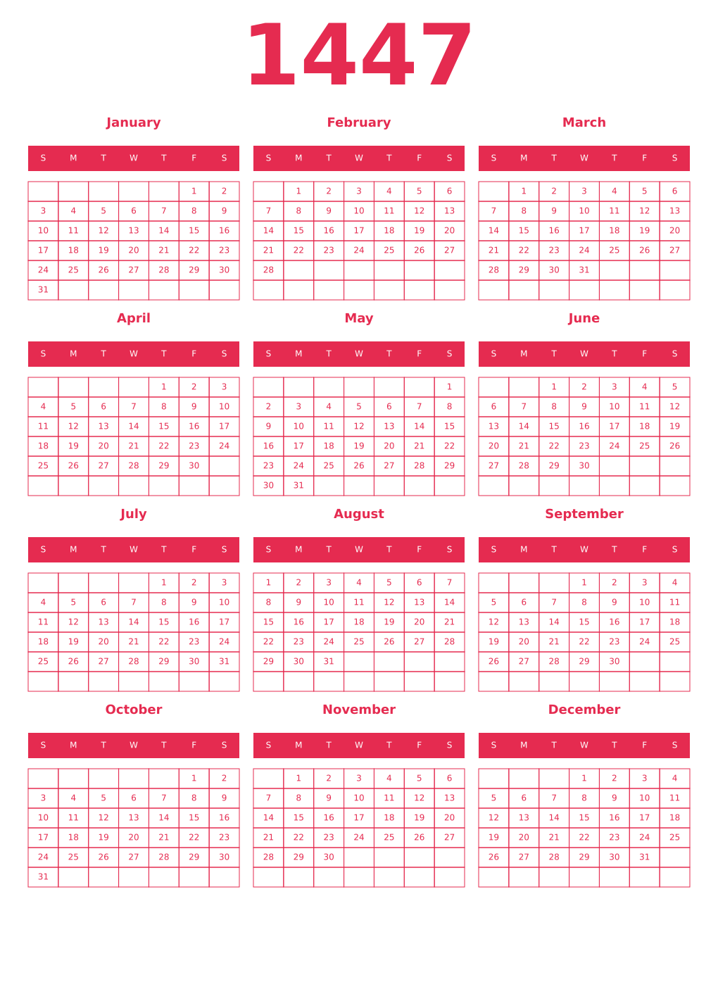 Printable 1447 Year Calendars amaranth