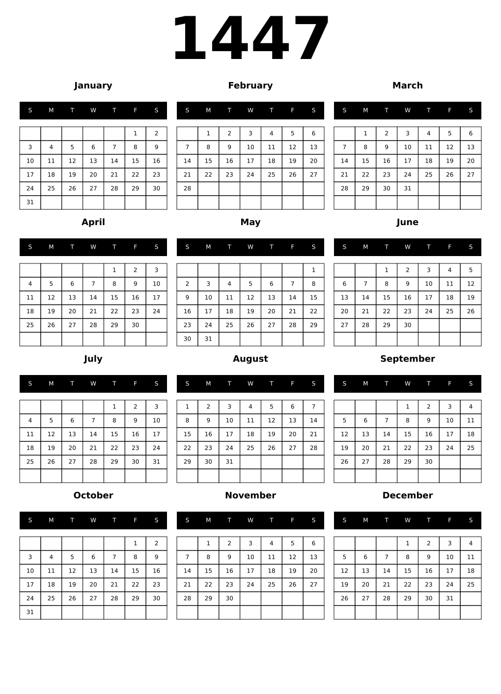 Printable 1447 Year Calendars black