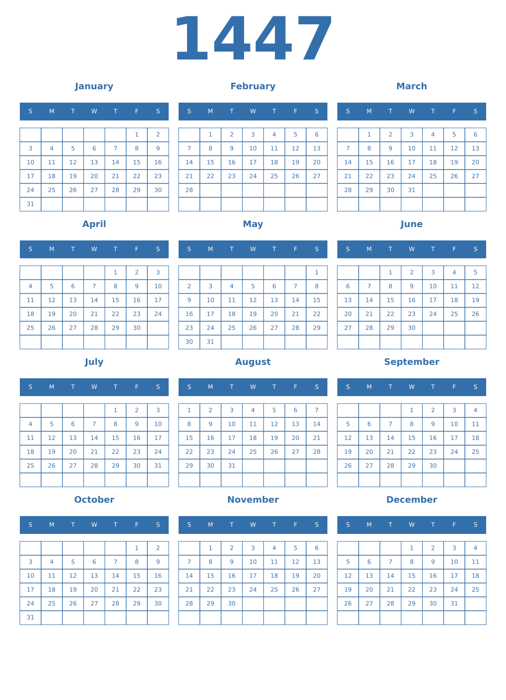 Printable 1447 Year Calendars blue