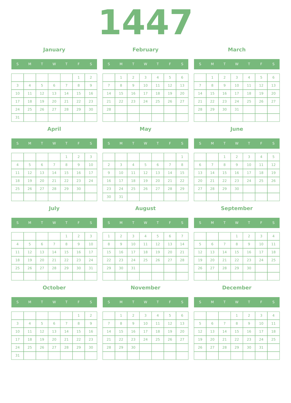 Printable 1447 Year Calendars celadon