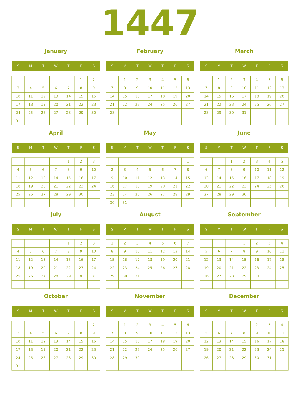 Printable 1447 Year Calendars chartreuse