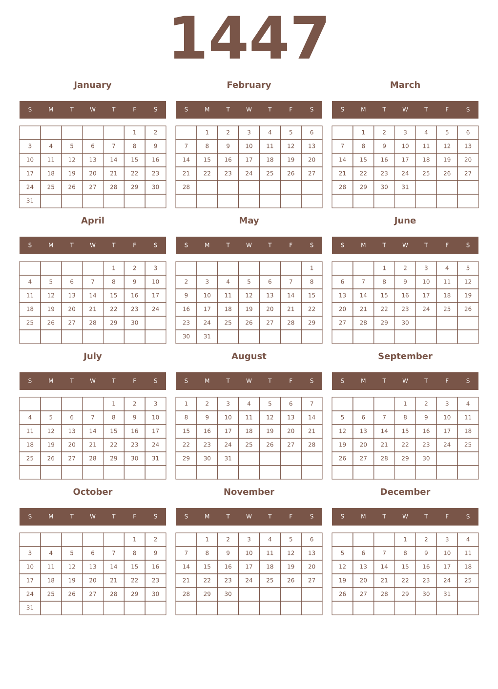 Printable 1447 Year Calendars coffe