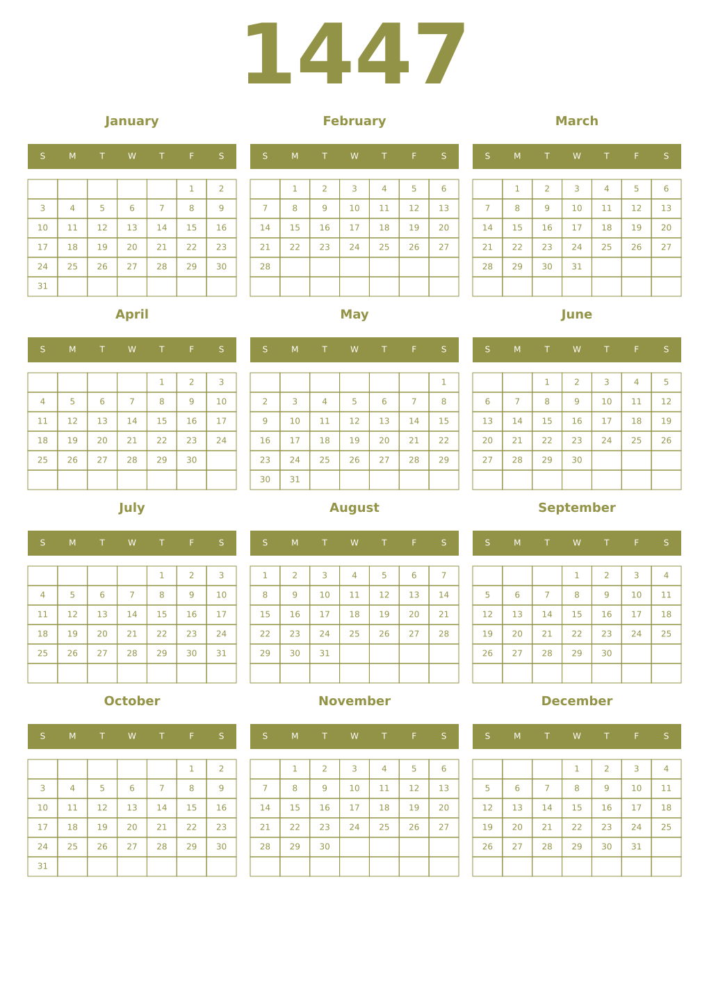 Printable 1447 Year Calendars eburnean