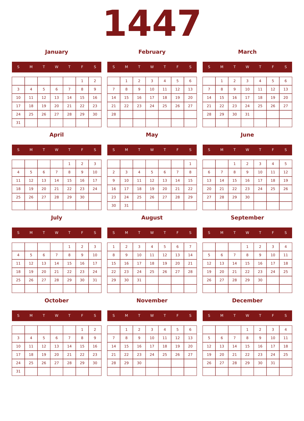 Printable 1447 Year Calendars falu