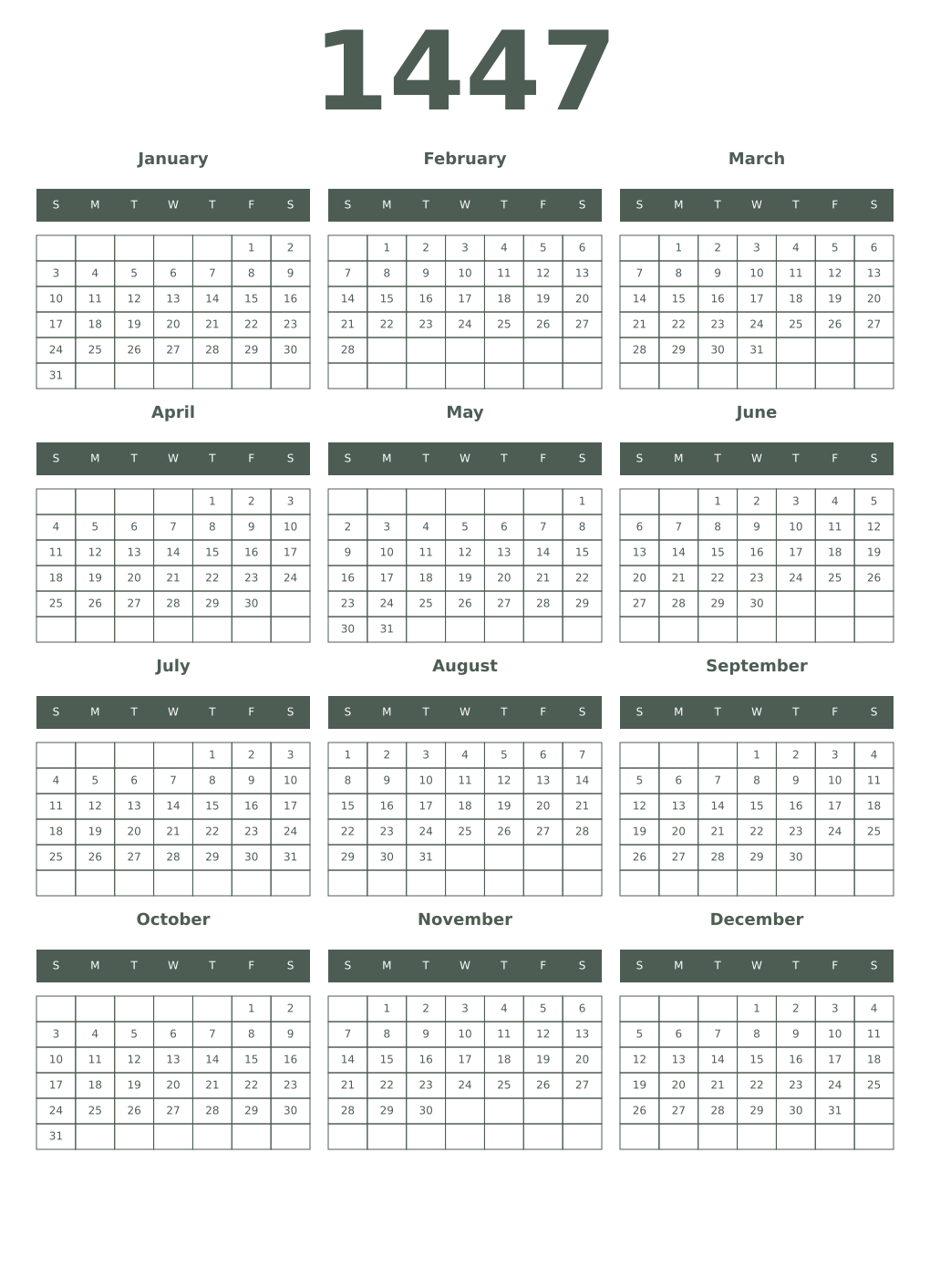 Printable 1447 Year Calendars feldgrau