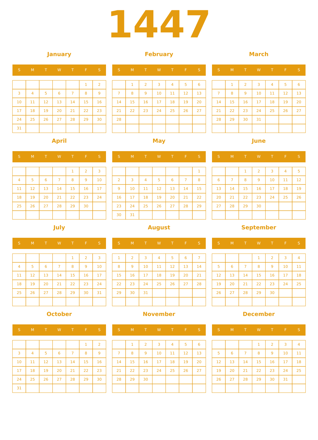 Printable 1447 Year Calendars gamboge