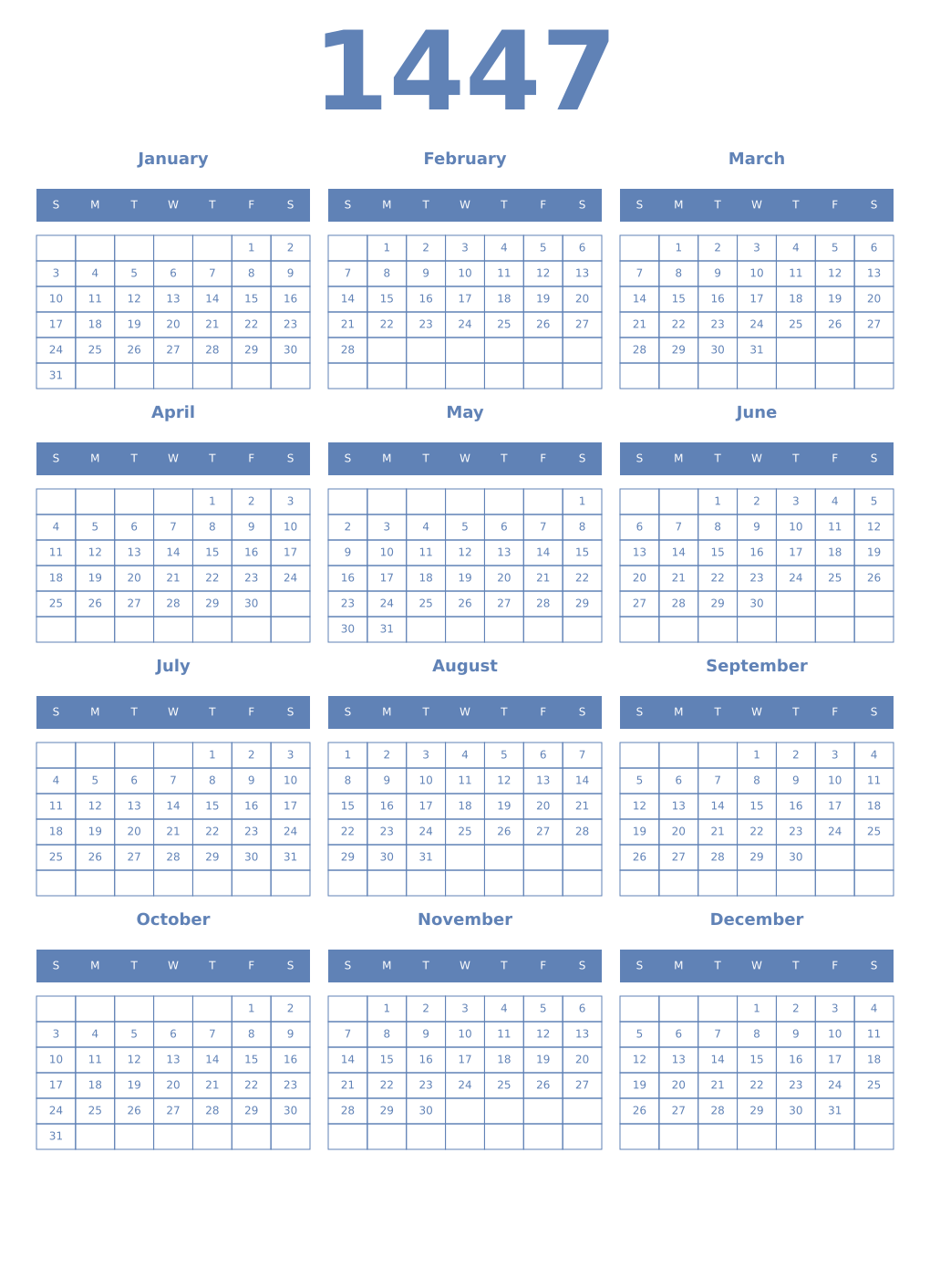Printable 1447 Year Calendars glaucous