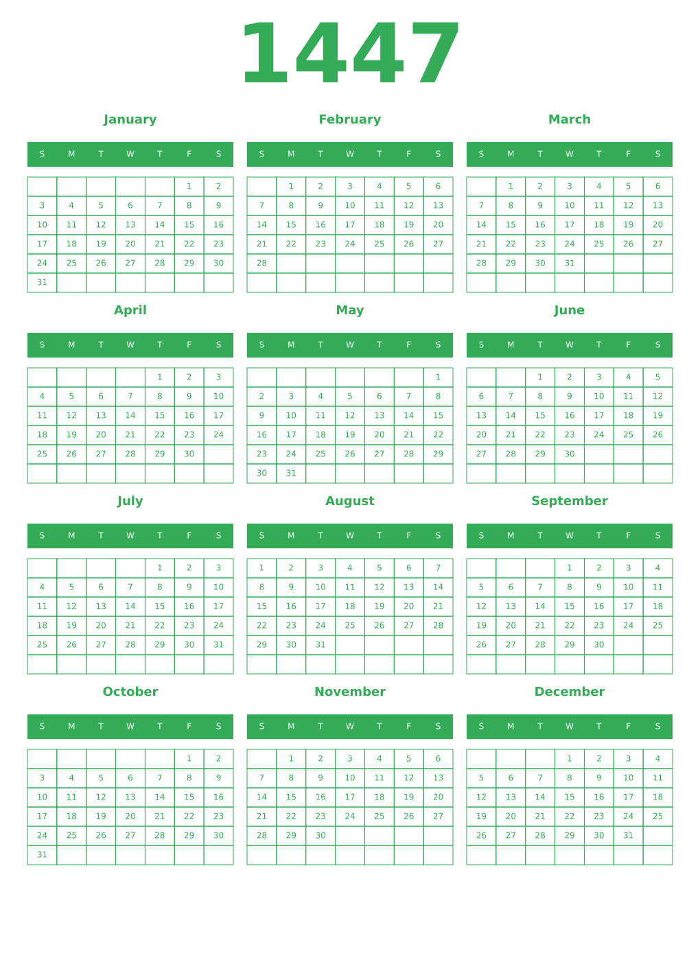 Printable 1447 Year Calendars green
