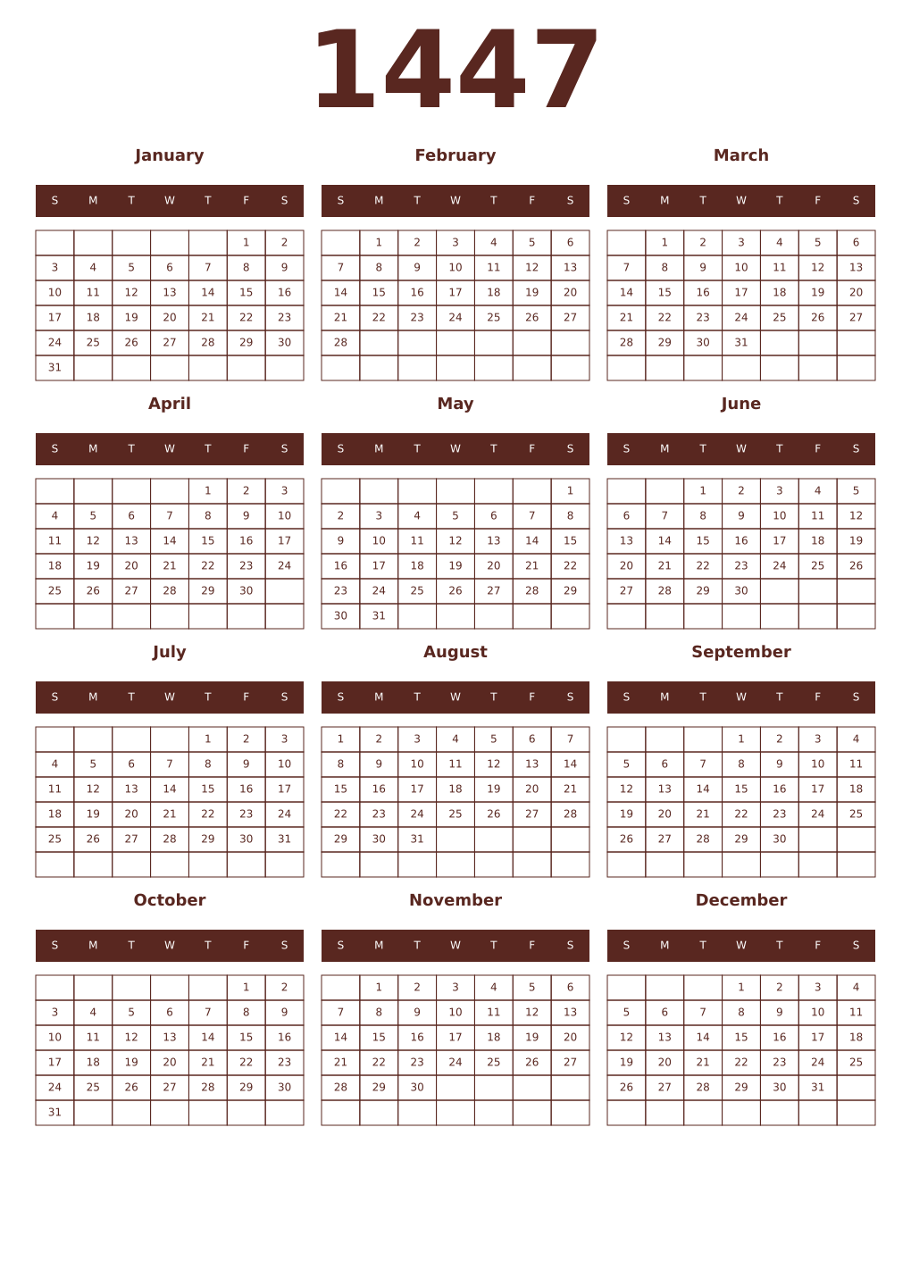 Printable 1447 Year Calendars mortuum