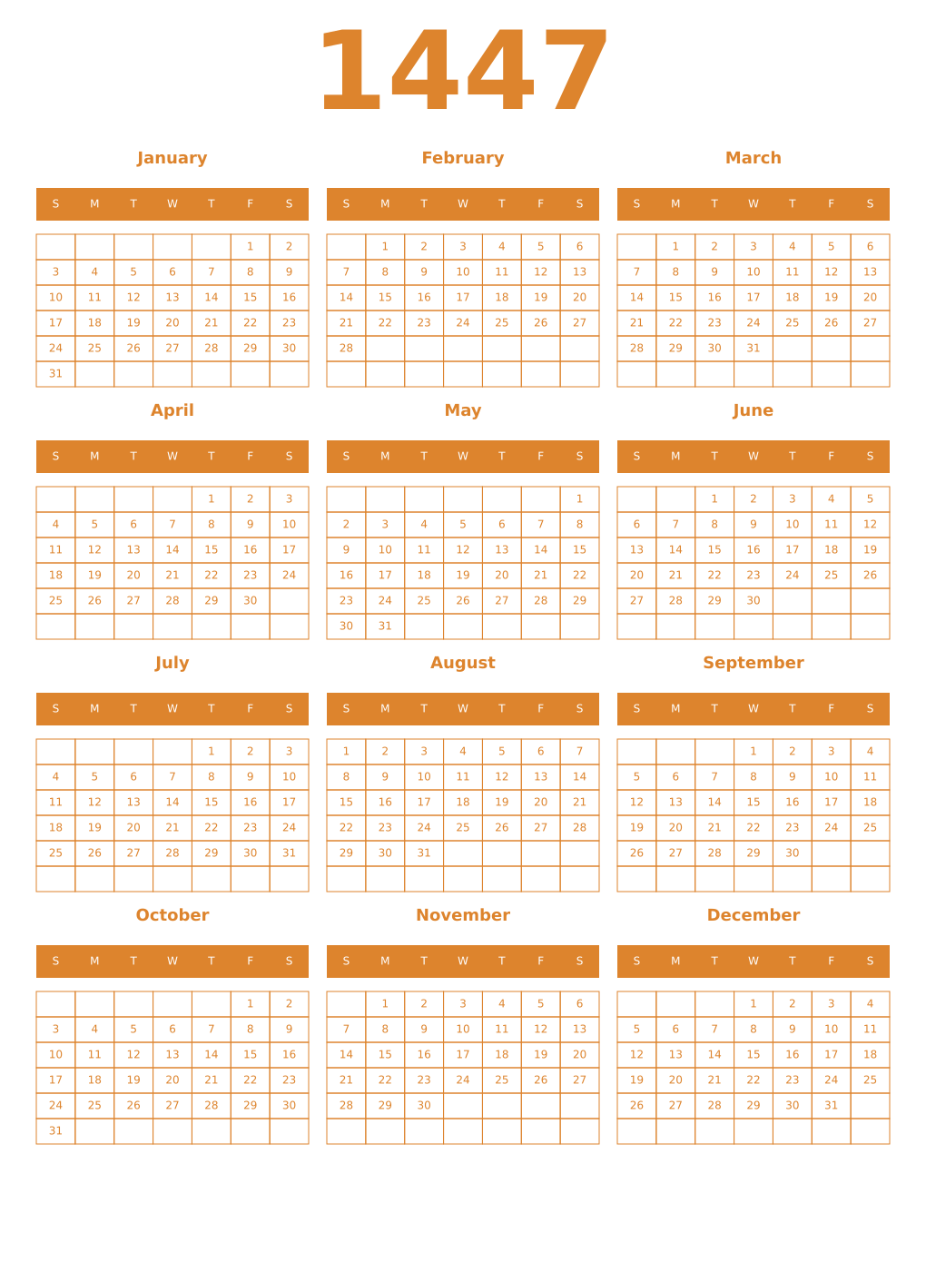 Printable 1447 Year Calendars orange