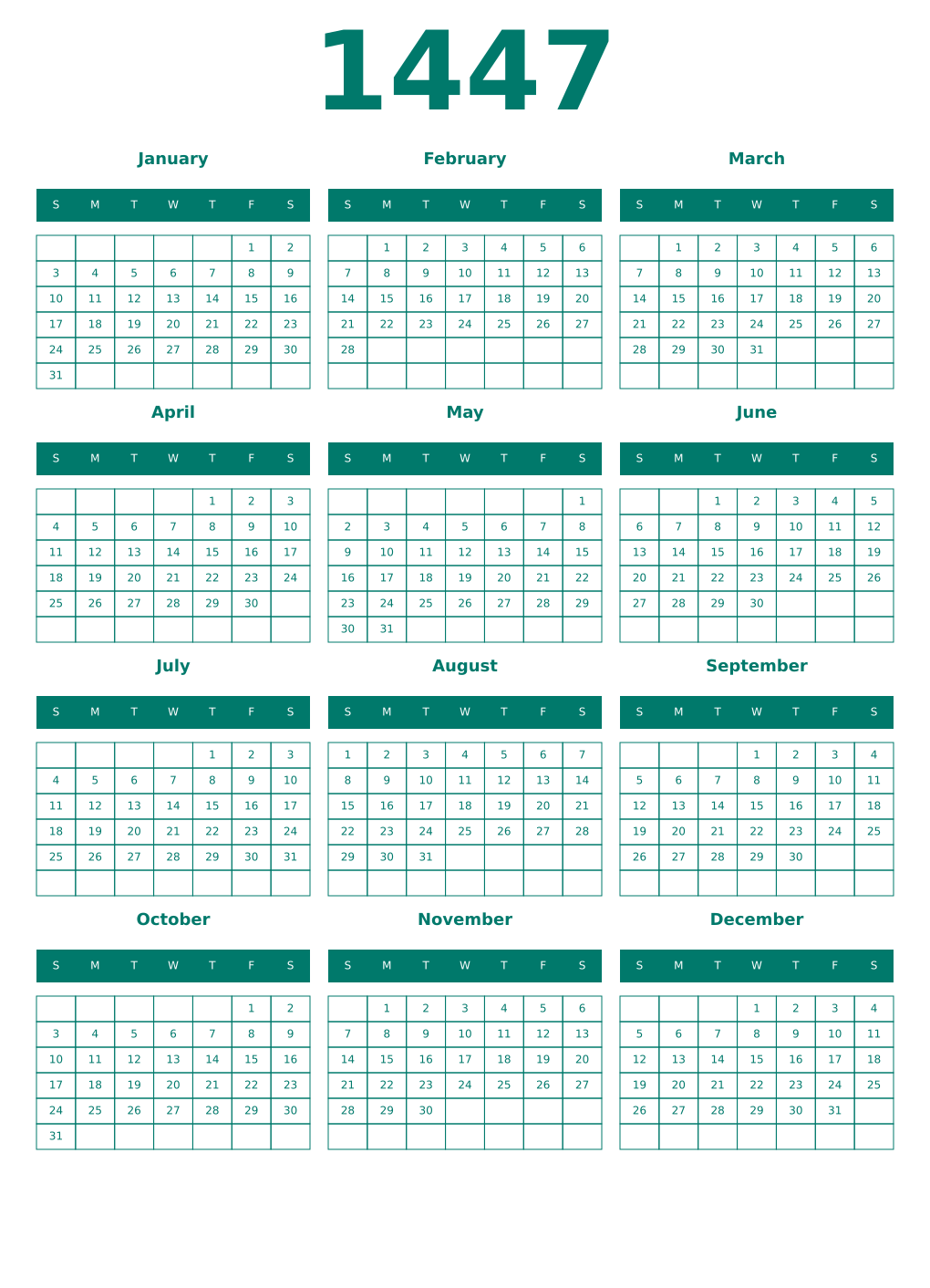 Printable 1447 Year Calendars pastel