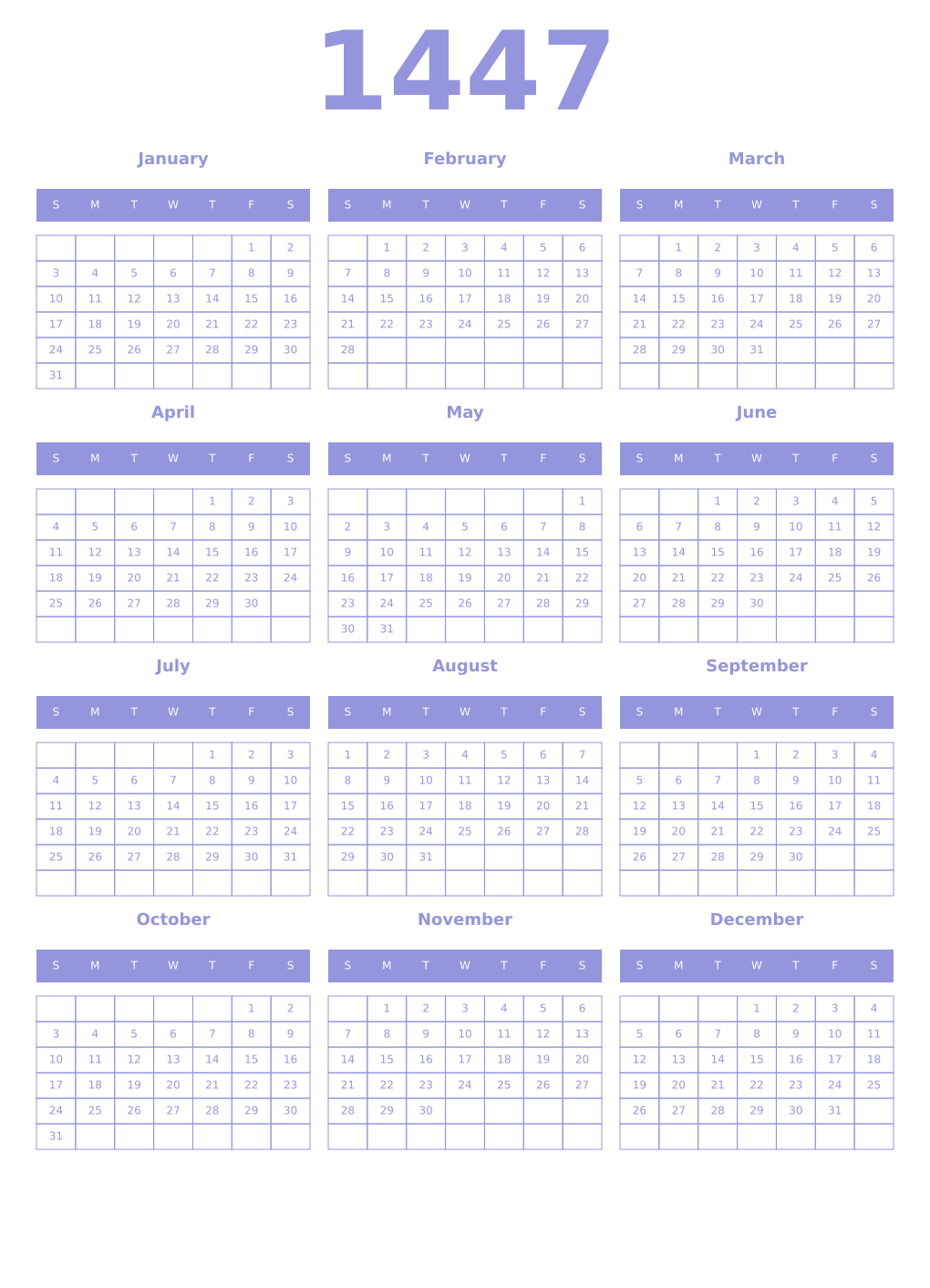 Printable 1447 Year Calendars periwinkle