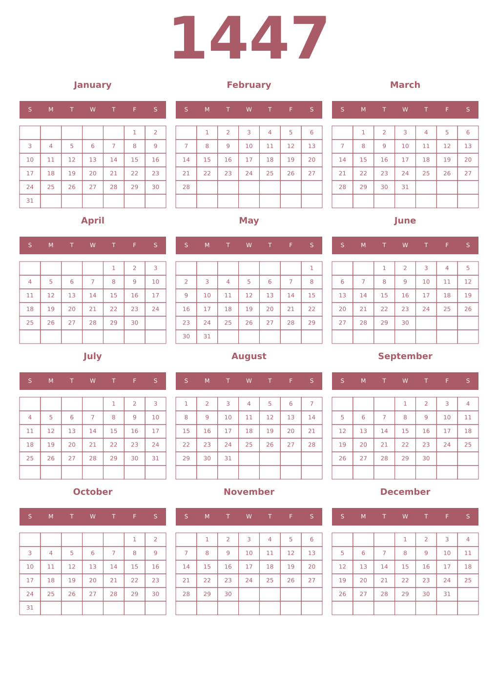 Printable 1447 Year Calendars puce