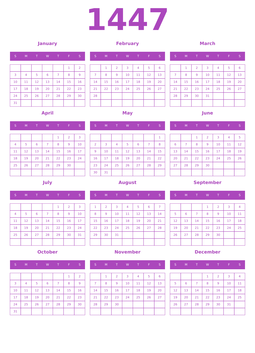 Printable 1447 Year Calendars purple