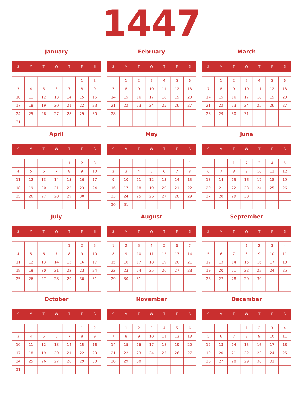 Printable 1447 Year Calendars red