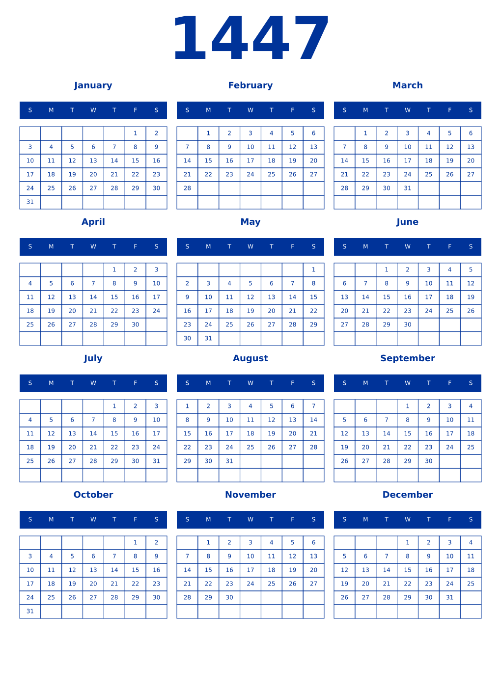 Printable 1447 Year Calendars smalt