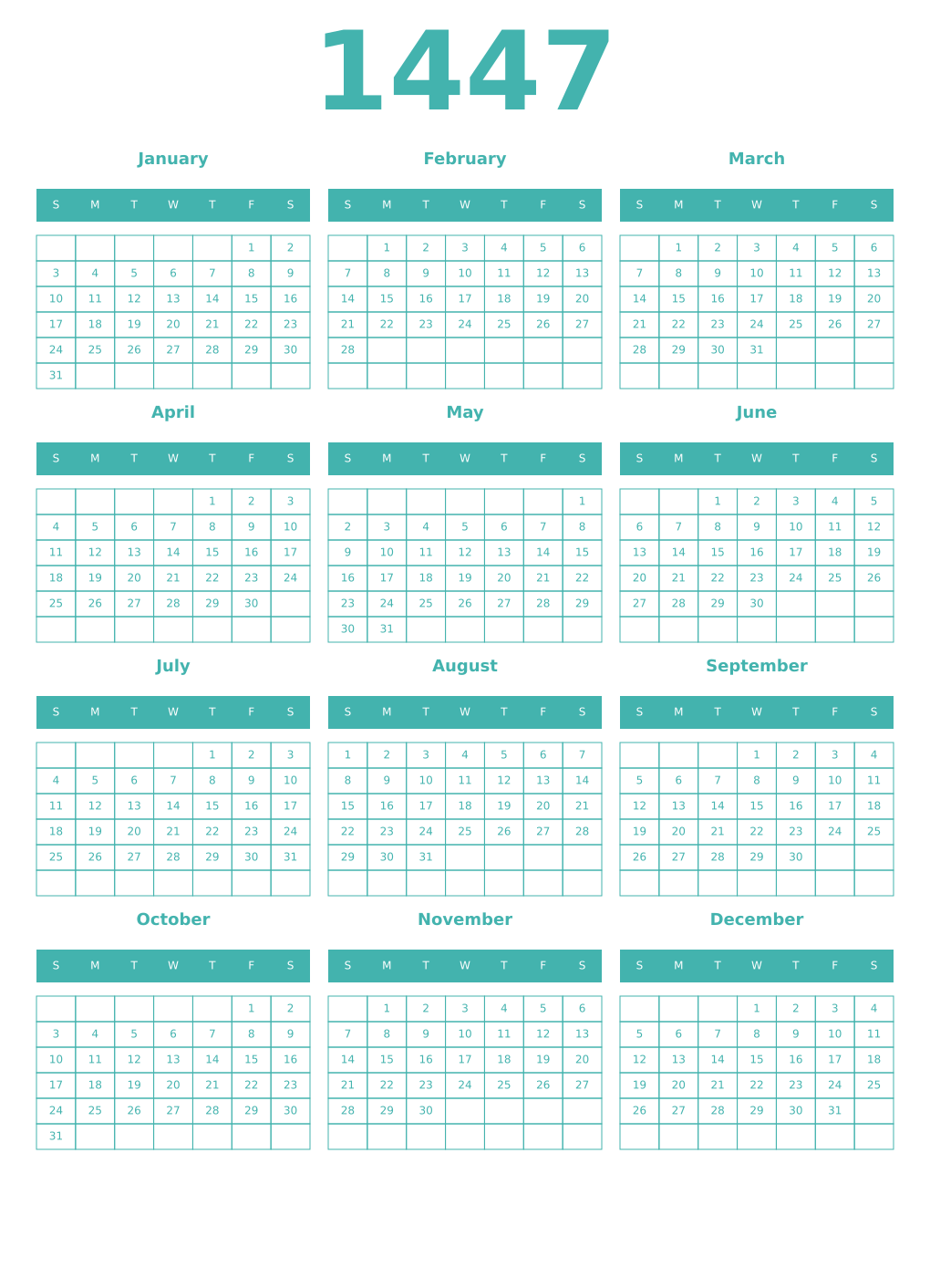 Printable 1447 Year Calendars verdigris