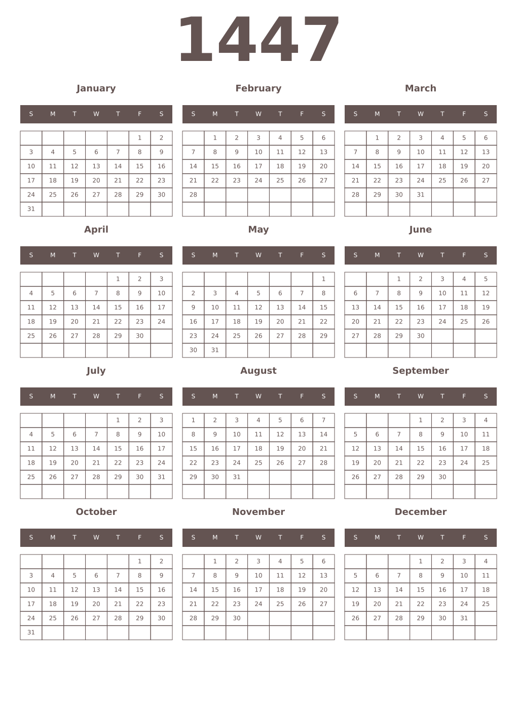 Printable 1447 Year Calendars wenge