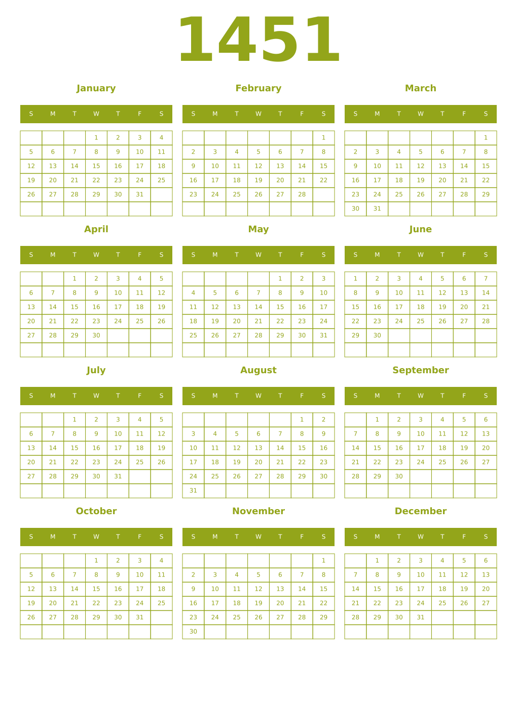 Printable 1451 Year Calendars chartreuse
