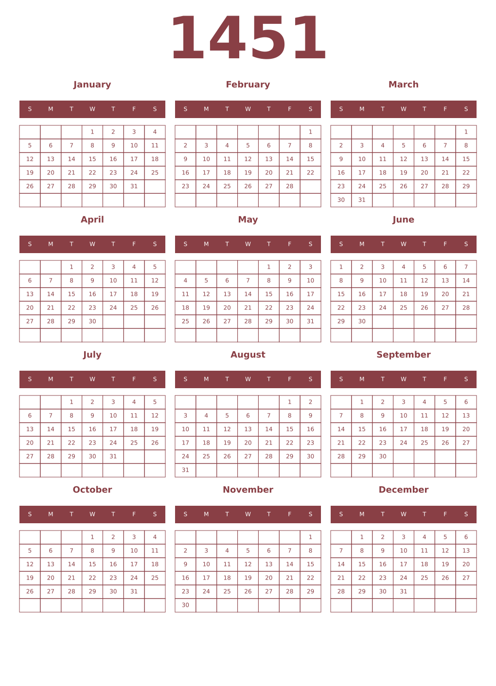 Printable 1451 Year Calendars cordovan