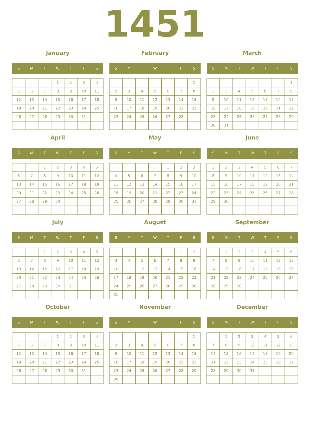 Printable 1451 Year Calendars eburnean