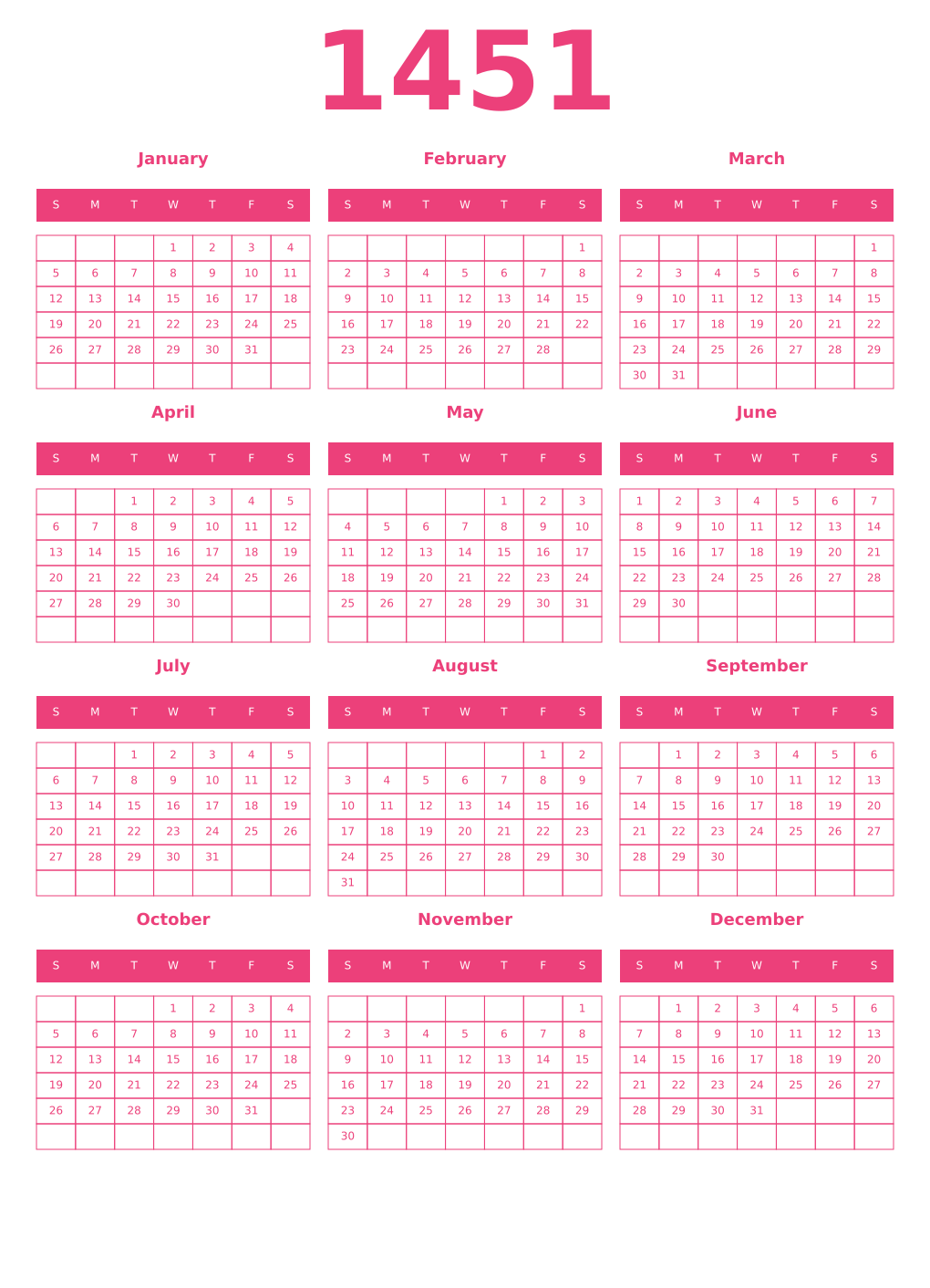 Printable 1451 Year Calendars pink