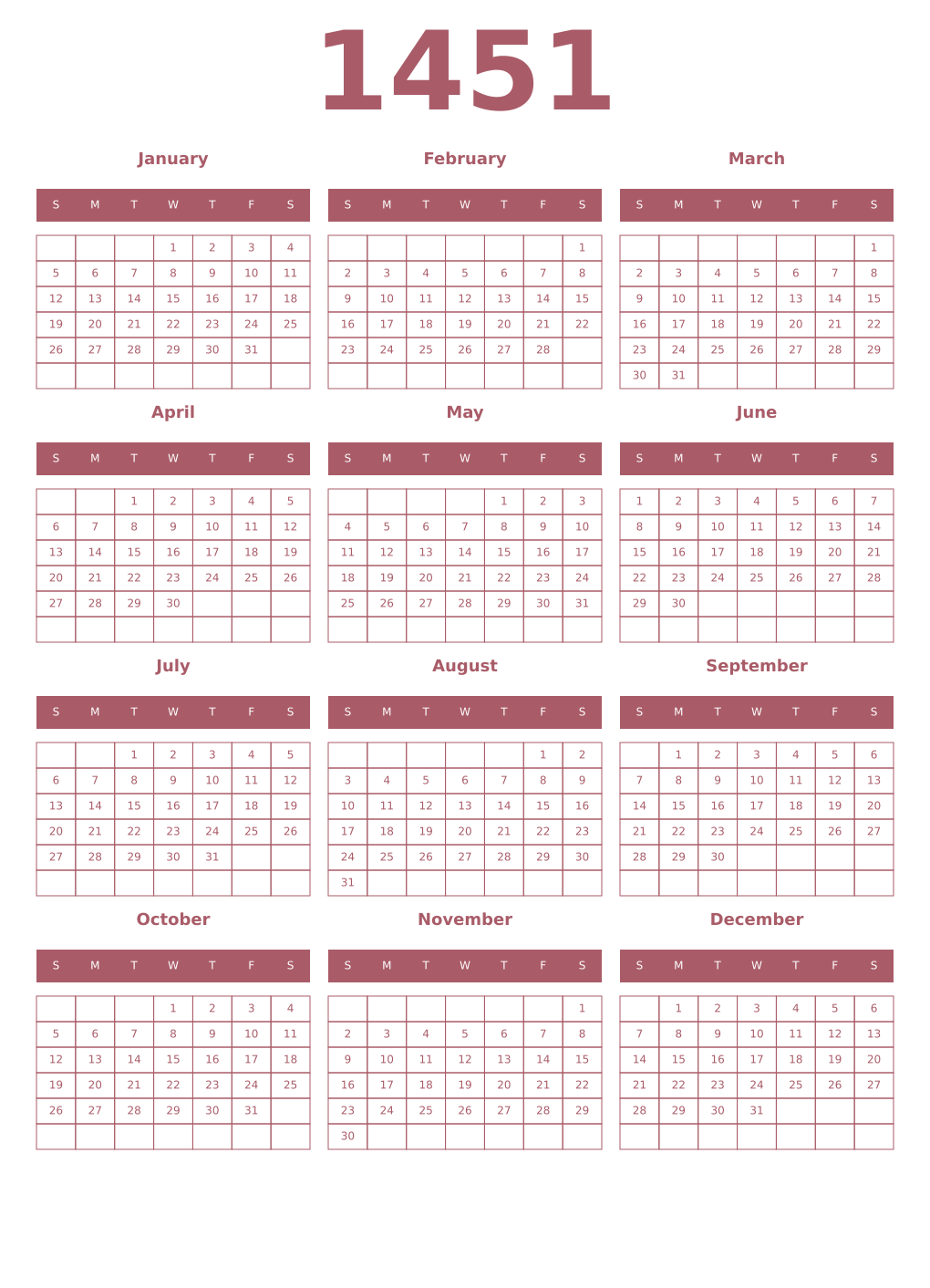 Printable 1451 Year Calendars puce