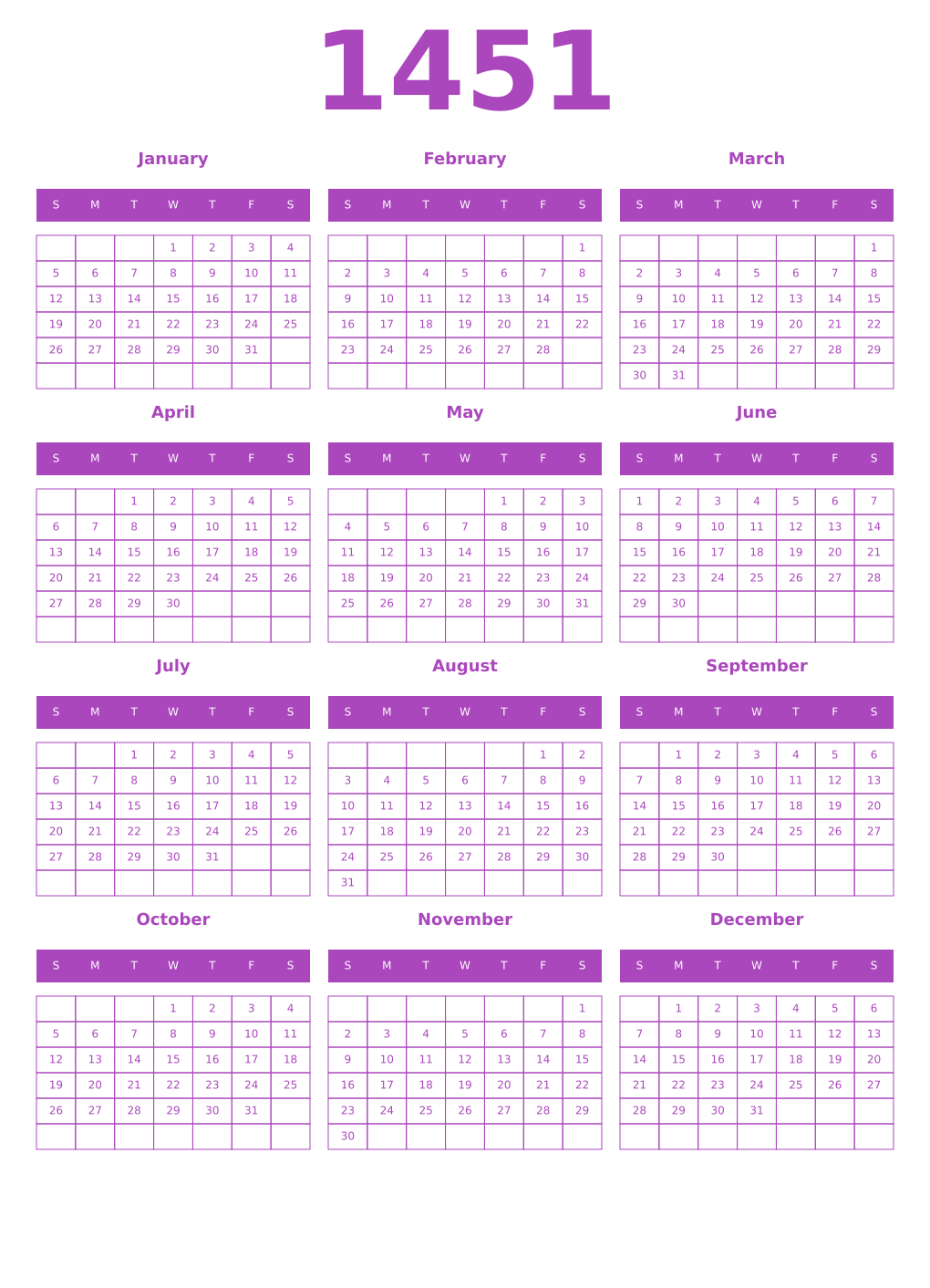 Printable 1451 Year Calendars purple