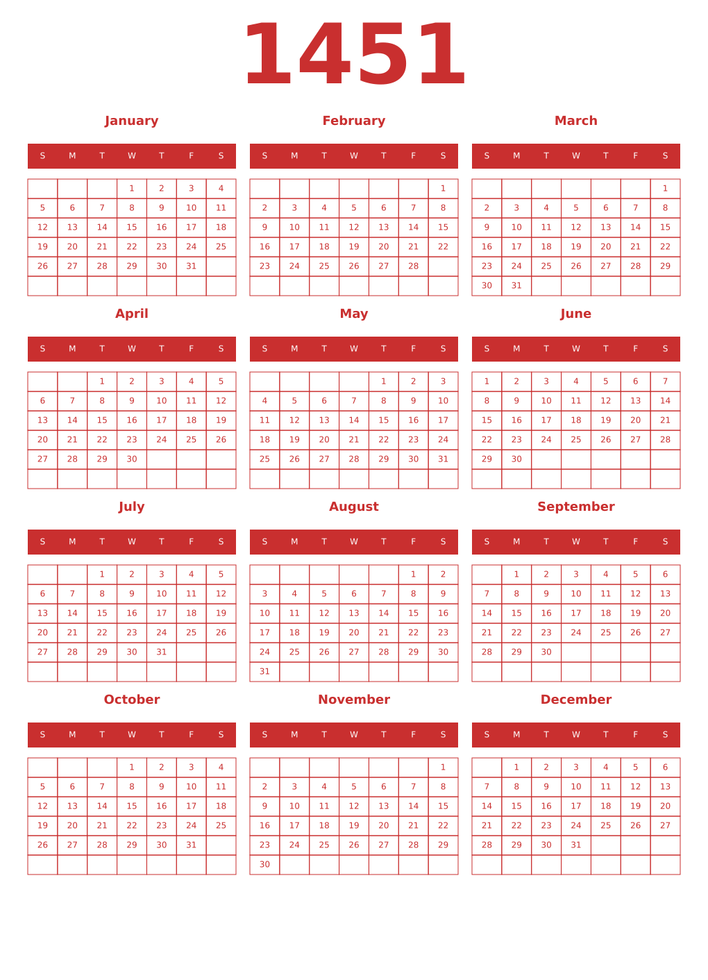 Printable 1451 Year Calendars red