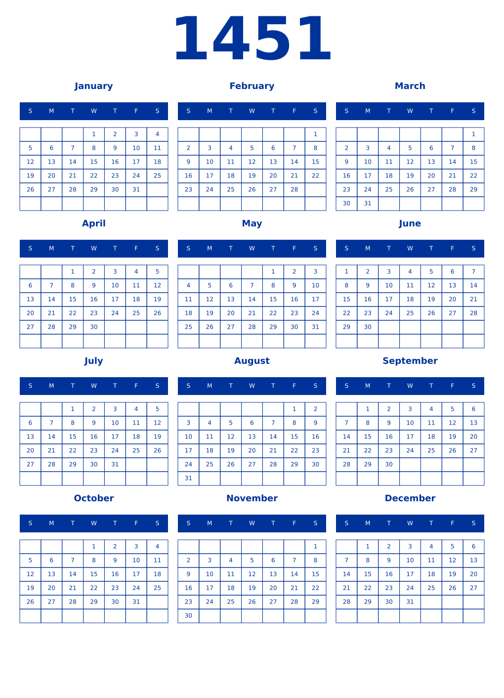 Printable 1451 Year Calendars smalt