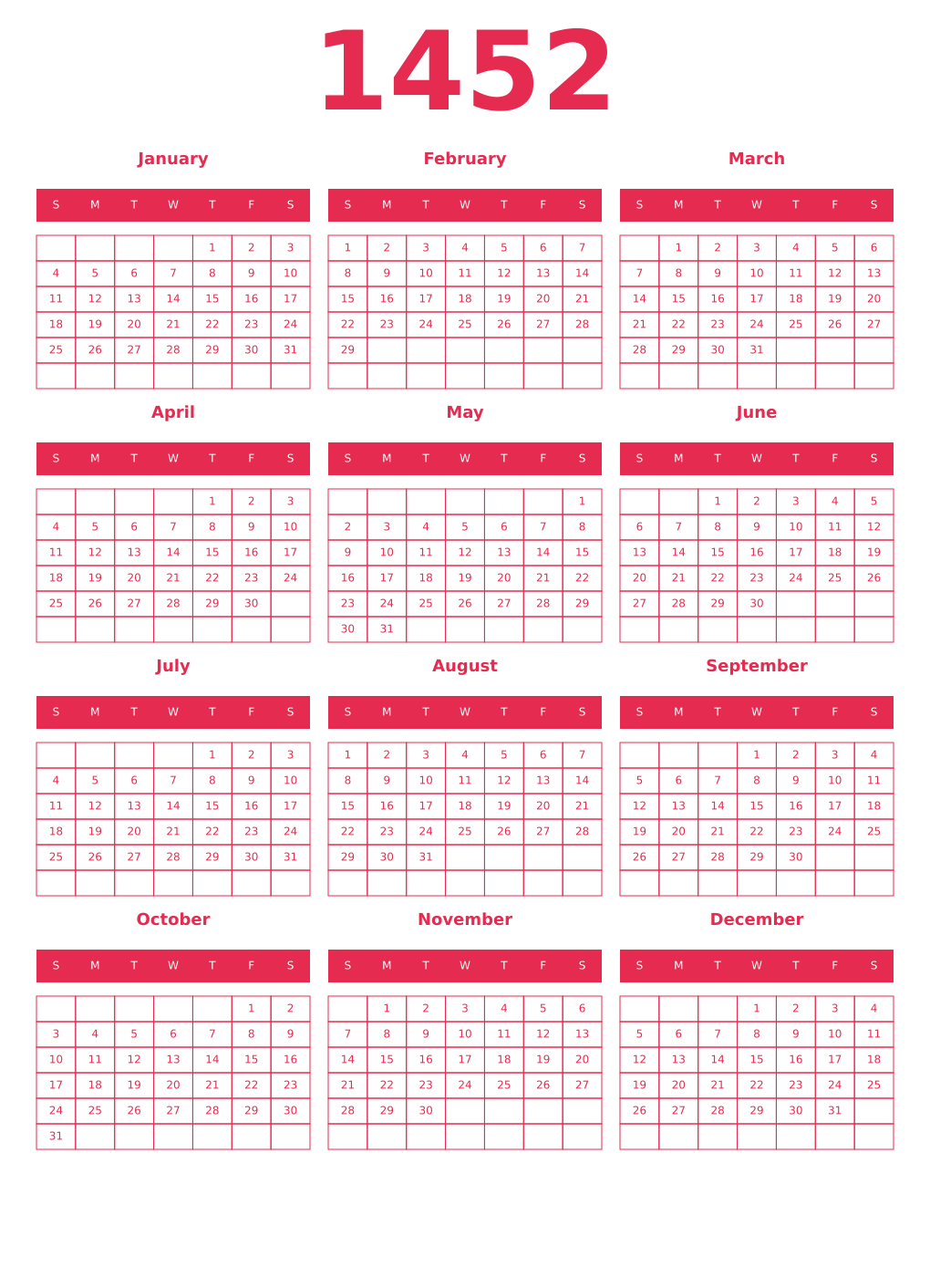 Printable 1452 Year Calendars amaranth