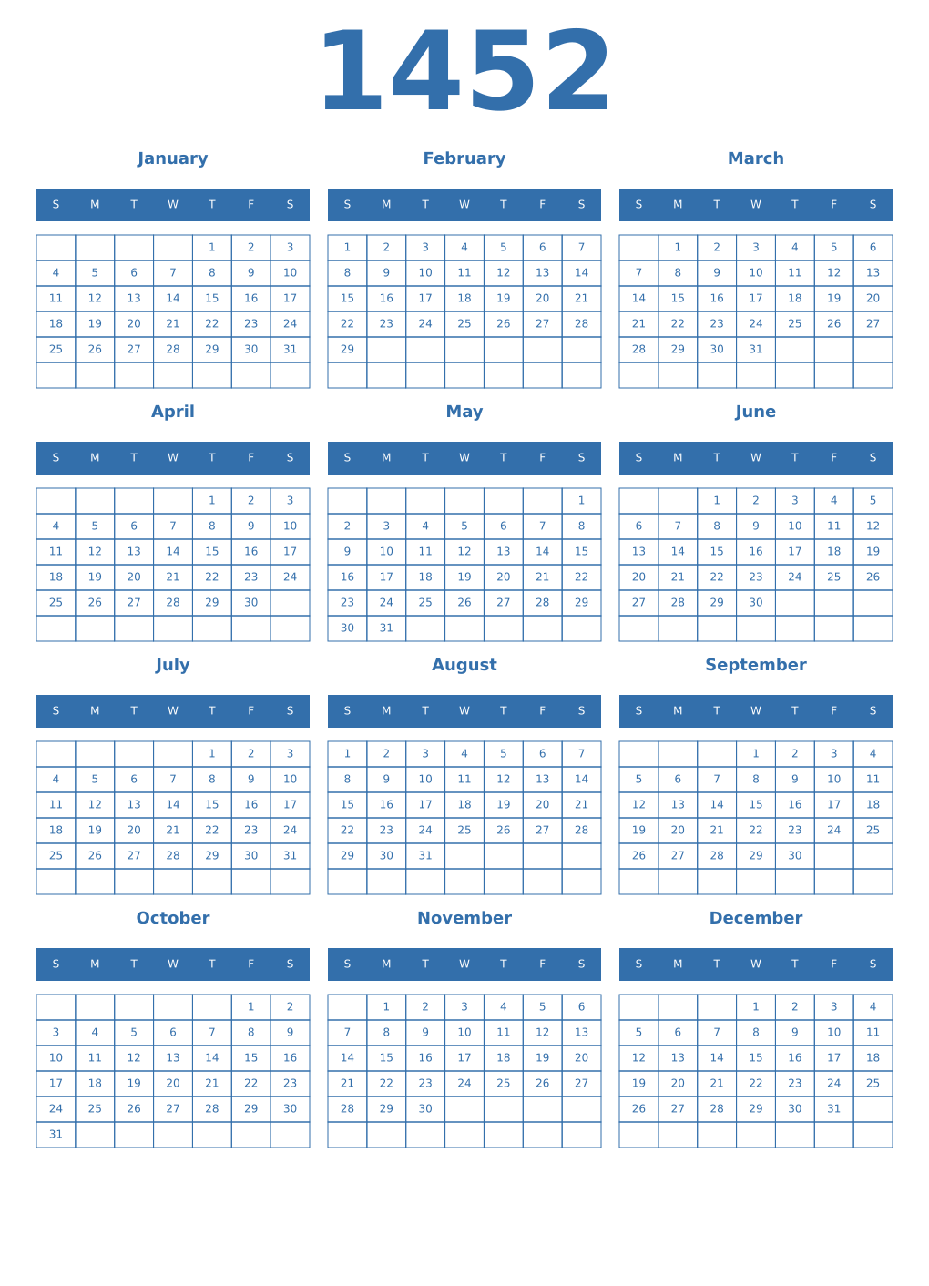 Printable 1452 Year Calendars blue